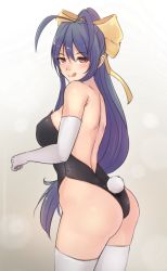 Rule 34 | 1girl, :q, animal ears, antenna hair, ass, bare shoulders, blazblue, blazblue remix heart, blue hair, bluefield, blush, bow, breasts, elbow gloves, fake animal ears, female focus, genderswap, genderswap (mtf), gloves, hair bow, highres, large breasts, leotard, long hair, looking at viewer, mai natsume, playboy bunny, ponytail, rabbit ears, rabbit tail, red eyes, ribbon, smile, solo, tail, thighhighs, tongue, tongue out, very long hair, white gloves, white thighhighs, yellow bow