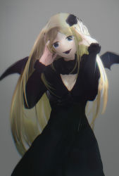 Rule 34 | 1girl, black dress, blonde hair, blue eyes, breasts, cleavage, demon girl, dress, fang, fangs, fur trim, highres, long hair, medium breasts, open mouth, overlord (maruyama), parted bangs, renner theiere chardelon ryle vaiself, solo, very long hair, yandere, yandere trance