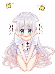 Rule 34 | 1girl, animal ear fluff, animal ears, arms between legs, bare legs, bare shoulders, barefoot, blue eyes, blush, bug, butterfly, cat ears, cat tail, clothes writing, highres, insect, long hair, looking down, mizukoshi (marumi), original, panties, sad, seiza, shirt, short sleeves, silver hair, simple background, sitting, solo, striped, t-shirt, tail, underwear, very long hair, white background, white shirt