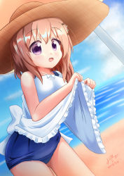 Rule 34 | 1girl, beach, blue one-piece swimsuit, brown hair, clothes lift, commentary request, cowboy shot, day, dress, dress lift, gochuumon wa usagi desu ka?, hat, highres, hoto cocoa, inakami, looking at viewer, one-piece swimsuit, purple eyes, school swimsuit, short hair, signature, solo, standing, sun hat, swimsuit, swimsuit under clothes, white dress