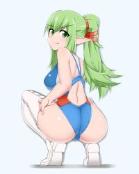Rule 34 | 1girl, aged up, ass, bad id, bad pixiv id, breasts, competition swimsuit, fire emblem, fire emblem awakening, from behind, green eyes, green hair, hip focus, huge ass, huge breasts, kaz (shade), large breasts, long hair, looking at viewer, looking back, matching hair/eyes, nintendo, one-piece swimsuit, pointy ears, ponytail, smile, solo, squatting, swimsuit, thighhighs, thighs, tiki (adult) (fire emblem), tiki (fire emblem)
