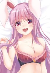 Rule 34 | 1girl, :d, animal ears, bare arms, bare shoulders, bed sheet, blush, bra, breasts, collarbone, hair between eyes, hand up, hisae (hisae collect), large breasts, long hair, looking at viewer, lying, on back, open mouth, purple bra, purple hair, rabbit ears, red eyes, reisen udongein inaba, sidelocks, smile, solo, stomach, strap pull, touhou, underwear, upper body
