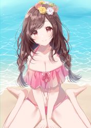 Rule 34 | 1girl, bad id, bad pixiv id, bare arms, bare legs, bare shoulders, barefoot, beach, between legs, bikini, blush, braid, breasts, brown eyes, brown flower, brown hair, brown rose, character request, cleavage, closed mouth, collarbone, day, flower, flower wreath, from above, hand between legs, head tilt, head wreath, highres, idolmaster, idolmaster shiny colors, large breasts, long hair, looking at viewer, medium breasts, misumi (macaroni), navel, ocean, outdoors, pink bikini, red eyes, rose, sand, sitting, skindentation, smile, solo, swimsuit, tsukioka kogane, twin braids, wariza, water, white flower, white rose, yellow flower, yellow rose