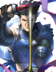 Rule 34 | 1boy, arm armor, azusa (hws), bara, belt, biceps, black hair, cape, diarmuid ua duibhne (saber) (fate), dual wielding, fate/grand order, fate/zero, fate (series), gloves, gradient hair, hair between eyes, holding, holding weapon, diarmuid ua duibhne (lancer) (fate), leather, light, long sleeves, looking at viewer, male focus, mole, mole under eye, multicolored hair, multiple wielding, muscular, one eye covered, partially fingerless gloves, shoulder pads, smile, solo, sword, upper body, weapon, yellow eyes