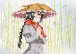 Rule 34 | 1girl, ajirogasa, bamboo, bamboo forest, beluo77, black hair, blunt bangs, braid, breasts, brown hat, buttons, capelet, closed eyes, closed mouth, clothes writing, commentary request, dress, eyelashes, forest, frilled hat, frills, grey dress, happy, hat, juliet sleeves, long hair, long sleeves, nature, own hands together, palms together, praying, puffy sleeves, red capelet, ribbon, single strap, small breasts, smile, snow, snow on headwear, solo, touhou, traditional media, twin braids, yatadera narumi