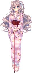 Rule 34 | 1girl, absurdres, amakano ~second season~, animal slippers, aqua eyes, azarashi soft, blush, bunny slippers, cane, crossed bangs, floral print, full body, game cg, highres, japanese clothes, kimono, kutsuno kanade, long hair, long sleeves, one side up, own hands together, pink hair, piromizu, slippers, smile, solo, tachi-e, transparent background, v arms, wavy hair