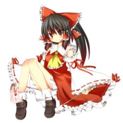 Rule 34 | 1girl, bad id, bad pixiv id, black hair, blush, bobby socks, bow, brown eyes, detached sleeves, female focus, full body, gohei, hair bow, hakurei reimu, highres, japanese clothes, loafers, looking at viewer, miko, ofuda, pasutel, ponytail, sarashi, shoes, smile, socks, solo, touhou, transparent background