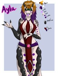 Rule 34 | 1girl, absurdres, arthropod girl, ayla (cpt.tester), claws, color guide, cpt.tester works, cyclops, dress, extra breasts, freckles, highres, horns, looking at viewer, multicolored hair, one-eyed, orange hair, purple hair, sharp teeth, shell, smile, tall, tall female, teeth, three breasts, tongue, tongue out