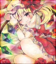 Rule 34 | 1girl, blonde hair, bow, closed mouth, crystal, feet out of frame, flandre scarlet, flower, frilled bow, frilled skirt, frilled sleeves, frills, from side, hat, hat bow, highres, light smile, looking at viewer, medium hair, mob cap, multicolored wings, one eye closed, one side up, puffy short sleeves, puffy sleeves, red bow, red eyes, red flower, red ribbon, red rose, red skirt, red vest, ribbon, ribbon-trimmed headwear, ribbon trim, rose, shirt, short sleeves, skirt, sleeve bow, sleeve ribbon, touhou, traditional media, vest, white headwear, white shirt, wings, wrist cuffs, yukkii (yukkii710)