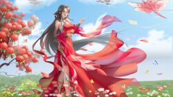 Rule 34 | 1girl, absurdres, artist request, bare legs, blue sky, brown hair, bug, butterfly, chest cutout, chinese clothes, cloud, detached sleeves, dress, facial mark, flower, forehead mark, grass, hair rings, highres, huo linger (wanmei shijie), insect, kite, long hair, parted lips, red dress, second-party source, sky, solo, very long hair, wanmei shijie