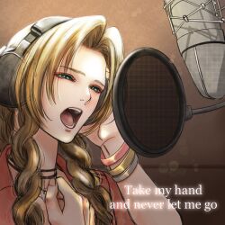 1girl aerith_gainsborough bangle bracelet braid braided_ponytail brown_background brown_hair choker english_text final_fantasy final_fantasy_vii final_fantasy_vii_rebirth final_fantasy_vii_remake flower_choker green_eyes half-closed_eyes hand_on_headphones hand_on_own_chest jacket jewelry long_hair music open_mouth parted_bangs recording_studio red_jacket sidelocks singing single_braid solo ws_alte