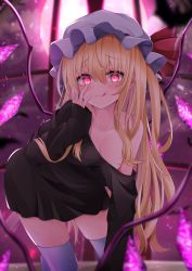 Rule 34 | 1girl, :q, alternate hair length, alternate hairstyle, arm support, bent over, black shirt, blonde hair, blurry, blurry background, blurry foreground, blush, breasts, cleavage, collarbone, commentary request, crystal, ekidona, flandre scarlet, full moon, furrowed brow, grey thighhighs, hair between eyes, hand on own cheek, hand on own face, hat, hat ribbon, highres, kneeling, leaning forward, long hair, looking at viewer, medium breasts, mob cap, moon, no pants, off-shoulder shirt, off shoulder, one side up, pink moon, red eyes, red ribbon, ribbon, shirt, skindentation, solo, thighhighs, tongue, tongue out, touhou, very long hair, white hat, window, wings