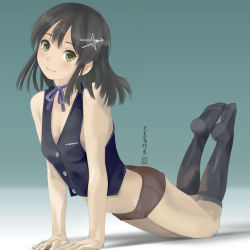 Rule 34 | 10s, 1girl, alternate costume, arm support, bare arms, bare shoulders, black hair, black socks, black vest, blue ribbon, blush, breasts, brown eyes, buruma, buttons, cleavage, cloritin, full body, hair between eyes, hair ornament, kantai collection, kneehighs, legs up, long hair, looking at viewer, midriff, neck ribbon, oyashio (kancolle), ribbon, simple background, small breasts, smile, socks, solo, thighs, vest