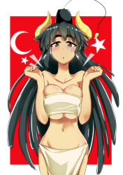 Rule 34 | 1girl, :o, bandeau, black hair, black hat, blush, breasts, breasts squeezed together, brown eyes, collarbone, crescent, crescent facial mark, demon horns, facial mark, fez hat, hat, highres, horns, large breasts, long hair, looking down, navel, original, ryuu tou, solo, star (symbol), star facial mark, turkey (bird), turkish flag, very long hair