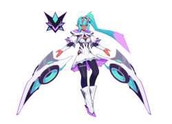 Rule 34 | 1girl, absurdres, black thighhighs, breasts, capelet, cleavage, colored skin, concept art, dress, full body, green hair, highres, horns, liyart, logo, long hair, mechanical wings, medium breasts, multicolored hair, octavia (omega strikers), official art, omega strikers, orange skin, ponytail, purple hair, simple background, solo, thighhighs, two-tone hair, white background, white capelet, white dress, white footwear, wings, yellow eyes