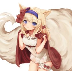 Rule 34 | 1girl, :3, animal ears, blonde hair, blush, bow, cape, closed mouth, commentary, commission, cowboy shot, dress, english commentary, fox ears, fox tail, hair bow, hairband, hands up, klaius, large tail, long hair, looking at viewer, original, purple eyes, purple hairband, red bow, red cape, short dress, simple background, smile, solo, tail, thigh strap, white background, white dress