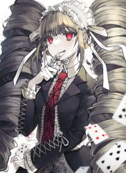 Rule 34 | 1girl, artist name, black hair, black jacket, black nails, black skirt, blurry, blurry foreground, brown hair, card, celestia ludenberg, center frills, collared shirt, dalrye v3, danganronpa: trigger happy havoc, danganronpa (series), drill hair, earrings, finger to mouth, frills, gothic lolita, index finger raised, jacket, jewelry, lace, lace-trimmed skirt, lace trim, lolita fashion, long fingers, long hair, long sleeves, nail polish, necktie, playing card, print necktie, red eyes, red necktie, shirt, skirt, solo, twin drills, twintails, very long hair
