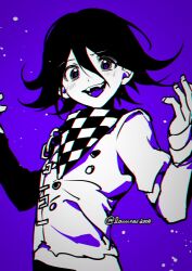 Rule 34 | 1boy, arm belt, buttons, chain, checkered clothes, checkered scarf, chromatic aberration, colored tongue, commentary, cowboy shot, danganronpa (series), danganronpa v3: killing harmony, denim, double-breasted, fangs, fingernails, greyscale with colored background, hair between eyes, hands up, highres, jeans, layered sleeves, liang cun rakuna, light particles, long sleeves, looking at viewer, male focus, oma kokichi, open mouth, pants, purple background, purple eyes, purple tongue, scarf, short hair, simple background, sleeves past wrists, smile, solo, spot color, symbol-only commentary, teeth, torn clothes, torn jeans, torn pants