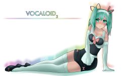 1girl absurdres alternate_costume blush copyright_name detached_sleeves enmaided female_focus hatsune_miku headband highres maid ribbon rileyav solo thighhighs twintails vocaloid