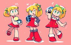 Rule 34 | 3girls, :&gt;, :d, :o, absurdres, blonde hair, boots, closed mouth, dress, flying sweatdrops, green eyes, green ribbon, hair ribbon, halftone, hand on own hip, heart, highres, holding, knee boots, legs together, long sleeves, looking at viewer, mega man (classic), mega man (series), mega man 11, mega man 8, motion lines, multiple girls, musical note, notice lines, one eye closed, open mouth, parted lips, ponytail, rariatto (ganguri), red dress, red footwear, ribbon, roll (mega man), short dress, smile, spoken musical note, standing, standing on one leg, teeth, upper teeth only