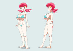 Rule 34 | 1girl, bikini, breasts, creatures (company), full body, game freak, grey background, gym leader, hair ornament, hairclip, highres, ikataishogun (king squid), large breasts, matching hair/eyes, nintendo, open mouth, pink eyes, pink hair, pokemon, pokemon hgss, shiny skin, simple background, skindentation, solo, swimsuit, twintails, whitney (pokemon)