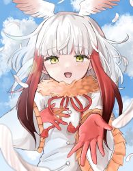 Rule 34 | 1girl, bird girl, bird wings, blush, bow, bowtie, frilled sleeves, frills, fur collar, gloves, head wings, highres, japanese crested ibis (kemono friends), kemono friends, long hair, long sleeves, looking at viewer, megumi 222, multicolored hair, open mouth, reaching, reaching towards viewer, red bow, red bowtie, red fur, red gloves, red hair, shirt, sidelocks, solo, white hair, white shirt, wings, yellow eyes
