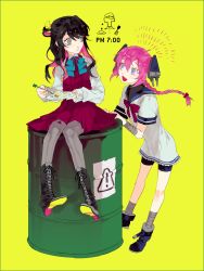 Rule 34 | 2girls, bandages, bike shorts, black hair, boots, bow, bowtie, braid, cross-laced footwear, dress, drum (container), eating, food, food on face, hair ornament, hair ribbon, headgear, high contrast, highres, kantai collection, lace-up boots, long hair, multicolored hair, multiple girls, mzet, naganami (kancolle), nenohi (kancolle), open mouth, pantyhose, pink hair, purple eyes, ribbon, sailor collar, sailor dress, shirt, single braid, sitting, smile, two-tone hair, white shirt