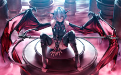 Rule 34 | blurry, claws, demon girl, depth of field, detached sleeves, horns, markings, non-web source, original, pointy ears, red eyes, rezi, scythe, short hair, silver hair, sitting, solo, spread legs, thighhighs, wings