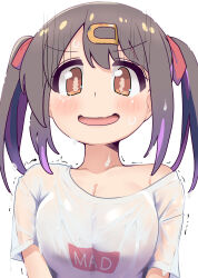 Rule 34 | 1girl, absurdres, blush, breasts, brown eyes, brown hair, cleavage, collarbone, hair ornament, hairclip, highres, large breasts, looking at viewer, multicolored hair, onii-chan wa oshimai!, open mouth, oyama mihari, purple hair, see-through, see-through shirt, shiina excel, shirt, short hair, short twintails, simple background, solo, streaked hair, sweat, twintails, upper body, wet, wet clothes, wet shirt, white background, white shirt