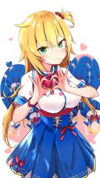 Rule 34 | 1girl, akai haato, akai haato (1st costume), all fours, blonde hair, blue skirt, breasts, clone, commentary request, green eyes, hair ornament, heart, heart hair ornament, heart hands, highres, hololive, large breasts, lips, long hair, looking at viewer, one side up, pursed lips, skirt, solo, tsurime, twintails, underbust, very long hair, virtual youtuber, white background, yuyaiyaui