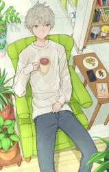Rule 34 | 1boy, action figure, argyle, argyle clothes, argyle shirt, book, bookshelf, cellphone, chair, cookie, cup, food, from above, green eyes, grey hair, grey pants, holding, holding cup, indoors, kurei 9 0, male focus, mug, original, pants, phone, plant, potted plant, rug, shirt, shoes, sitting, smartphone, table, unworn shoes, white shirt