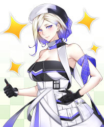 Rule 34 | absurdres, beret, blue scarf, breasts, cleavage, cowboy shot, dress, gloves, gradient hair, gradient scarf, hat, highres, historical connection, jean bart (kancolle), kantai collection, kome cola, large breasts, mole, mole under eye, multicolored clothes, multicolored gloves, multicolored hair, scarf, strapless, strapless dress