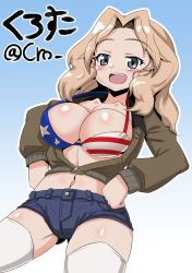 Rule 34 | 1girl, american flag, american flag print, artist name, blonde hair, blue eyes, blush, bra, breasts, cro, denim, denim shorts, flag print, girls und panzer, hands on own hips, highres, jacket, kay (girls und panzer), large breasts, long hair, midriff, navel, open clothes, open jacket, open mouth, print bra, saunders military uniform, shorts, solo, thighhighs, underwear, unzipped