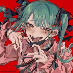 Rule 34 | 1girl, bandaid, black nails, black ribbon, blue eyes, blush, dress, ear piercing, earrings, fangs, frills, hair ornament, hair ribbon, hatsune miku, highres, jewelry, kuroume (aihikarikuroume24), long sleeves, looking at viewer, mask, mask pull, medium hair, mouth mask, nail polish, open mouth, piercing, pink dress, red background, ribbon, ring, simple background, solo, tongue, twintails, vampire (vocaloid), vocaloid