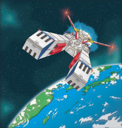 Rule 34 | absurdres, artist request, earth (planet), gundam, highres, mobile suit gundam, planet, space, spacecraft, white base