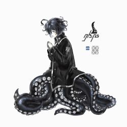 Rule 34 | 1boy, ahoge, black hair, black jacket, commentary request, extraspiky, from side, full body, highres, horizontal pupils, jacket, long sleeves, male focus, monster boy, octopus boy, original, own hands together, solo, standing, suction cups, tentacles
