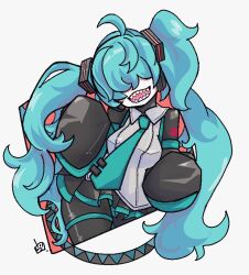 Rule 34 | 1girl, ahoge, aqua hair, aqua necktie, black bodysuit, black skirt, black thighhighs, bodysuit, bodysuit under clothes, border, breasts, collared shirt, covered eyes, cowboy shot, detached sleeves, grey shirt, hair ornament, hair over eyes, hashtag-only commentary, hatsune miku, highres, long bangs, long hair, long sleeves, medium breasts, mekakure miku (homma nuruneko), miniskirt, necktie, open mouth, outside border, pleated skirt, red background, sharp teeth, shirt, signature, skirt, sleeveless, sleeveless shirt, sleeves past fingers, sleeves past wrists, smile, solo, teeth, thighhighs, twintails, very long hair, vocaloid, vorusan (volver39), white border, wide sleeves