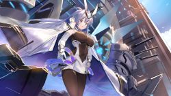 Rule 34 | 1girl, artillery, azur lane, bodystocking, breasts, clothing cutout, coat, coat on shoulders, dress, elbow gloves, from below, gloves, headgear, highres, janyhero, large breasts, light purple hair, long hair, looking at viewer, microdress, new jersey (azur lane), open clothes, open coat, purple eyes, rigging, solo, standing, stomach cutout, very long hair, white coat, white dress, white gloves