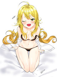 Rule 34 | 1girl, absurdres, ahoge, bad id, bad pixiv id, blonde hair, bra, breasts, dr poapo, green eyes, highres, hoshii miki, idolmaster, idolmaster (classic), long hair, one eye closed, open clothes, open mouth, open shirt, panties, shirt, smile, solo, strap slip, underwear, underwear only