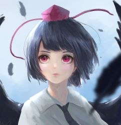 Rule 34 | 1girl, bird wings, black hair, black necktie, blue background, expressionless, eyelashes, feathered wings, feathers, fjsmu, hat, looking at viewer, necktie, pink lips, portrait, red eyes, shameimaru aya, shirt, solo, tokin hat, touhou, upper body, white shirt, wind, wings