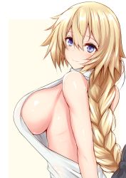 Rule 34 | 1girl, backless dress, backless outfit, bare shoulders, black bow, blonde hair, blue eyes, blush, border, bow, braid, breasts, commentary request, dress, fate/apocrypha, fate (series), hair between eyes, hair bow, highres, jeanne d&#039;arc (fate), jeanne d&#039;arc (ruler) (fate), large breasts, looking at viewer, looking to the side, sankakusui, shiny skin, sideboob, single braid, smile, solo, white border, white dress, yellow background