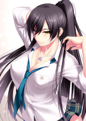 Rule 34 | 1girl, arm up, black hair, blush, breasts, cleavage, collarbone, dog tags, ear piercing, green necktie, green skirt, hair between eyes, hand in own hair, highres, hip focus, idolmaster, idolmaster shiny colors, large breasts, long hair, looking at viewer, necktie, piercing, plaid, plaid skirt, ponytail, school uniform, shirase sakuya, simple background, skirt, sleeves rolled up, smile, solo, white background, yellow eyes, zen