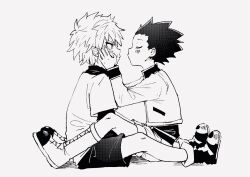 Rule 34 | 2boys, black hair, child, closed eyes, from side, gon freecss, hands on another&#039;s face, highres, hunter x hunter, imminent kiss, jacket, killua zoldyck, layered sleeves, long sleeves, looking at another, male focus, multiple boys, oooorrrrx, profile, shirt, short hair, short over long sleeves, short sleeves, shorts, simple background, spiked hair, white background, white hair, white shirt, yaoi
