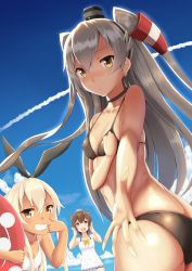 Rule 34 | 10s, 3girls, amatsukaze (kancolle), ass, bare shoulders, bikini, black bikini, blonde hair, blush, bow, breasts, brown eyes, brown hair, butt crack, cloud, collarbone, covered erect nipples, day, hair tubes, hairband, hand on own chest, headgear, innertube, kantai collection, long hair, looking at viewer, multiple girls, navel, one-piece swimsuit, open mouth, outdoors, shimakaze (kancolle), short hair, silver hair, sky, small breasts, smile, smoke trail, swim ring, swimsuit, tan, teeth, two side up, white one-piece swimsuit, yellow eyes, yukikaze (kancolle), zukky