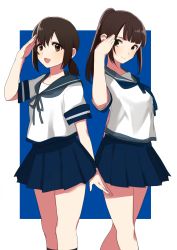 Rule 34 | 2girls, bad id, bad twitter id, black hair, cosplay, fubuki (kancolle), fubuki (kancolle) (cosplay), kantai collection, long hair, looking at viewer, misumi (macaroni), multiple girls, neckerchief, ponytail, real life, salute, school uniform, serafuku, simple background, skirt, smile, uesaka sumire, voice actor, voice actor connection