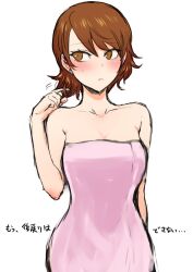 Rule 34 | 1girl, averting eyes, bare arms, bare shoulders, blush, breasts, brown eyes, brown hair, cleavage, closed mouth, collarbone, commentary request, earrings, highres, ichigai (hayawossan), jewelry, medium breasts, naked towel, persona, persona 3, persona 3 reload, pink towel, playing with own hair, short hair, simple background, sketch, solo, stud earrings, sweatdrop, takeba yukari, towel, translation request, upper body, white background