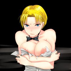 Rule 34 | 1girl, areola slip, asanome, bad id, bad pixiv id, bare shoulders, blonde hair, blue eyes, blush, bow, bowtie, breasts, earrings, jewelry, king (snk), large breasts, nipple slip, nipples, ryuuko no ken, short hair, snk, solo, the king of fighters, torn clothes