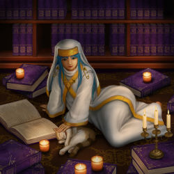Rule 34 | 1girl, alternate hair color, arm support, barefoot, blue hair, book, bookshelf, candle, candlestand, cat, ebi (eeotoko), flat chest, full body, green eyes, habit, headpat, highres, index (toaru majutsu no index), indoors, library, lips, long hair, long sleeves, looking down, lying, on floor, on side, open book, realistic, safety pin, signature, solo, toaru majutsu no index, wide sleeves