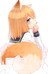 Rule 34 | 1girl, absurdres, animal ear fluff, animal ears, black sailor collar, blue eyes, blush, brown hair, chair, closed mouth, commentary request, desk, fox ears, fox girl, fox tail, hair between eyes, hand up, highres, holding, holding pencil, long hair, looking at viewer, looking back, mayogii, mechanical pencil, on chair, original, pencil, pencil case, polka dot, profile, sailor collar, school chair, school desk, school uniform, serafuku, shirt, signature, simple background, sitting, sleeves past wrists, smile, solo, tail, white background, white shirt