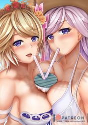 Rule 34 | 2girls, between breasts, blonde hair, blue eyes, blush, breast press, breasts, bubble tea, bubble tea challenge, cleavage, drink, drinking, drinking straw, europa (granblue fantasy), gabriel (granblue fantasy), granblue fantasy, large breasts, light purple hair, looking at viewer, multiple girls, open mouth, smile, symmetrical docking, tongue, upper body
